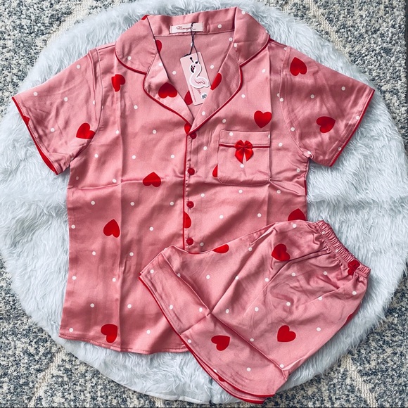 Flamingo Other - New Pink Heart Satin Silk-Like Pajamas Set